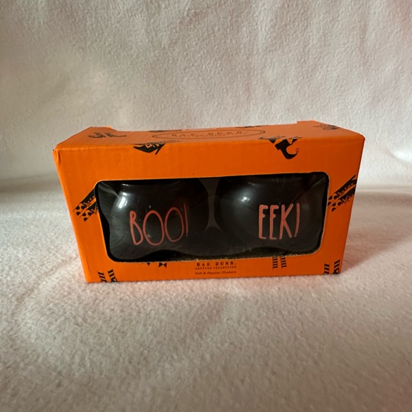 BOO & EEK Rae Dunn salt and pepper caldron BLACK WITH ORANGE LETTERS - Picture 1 of 7